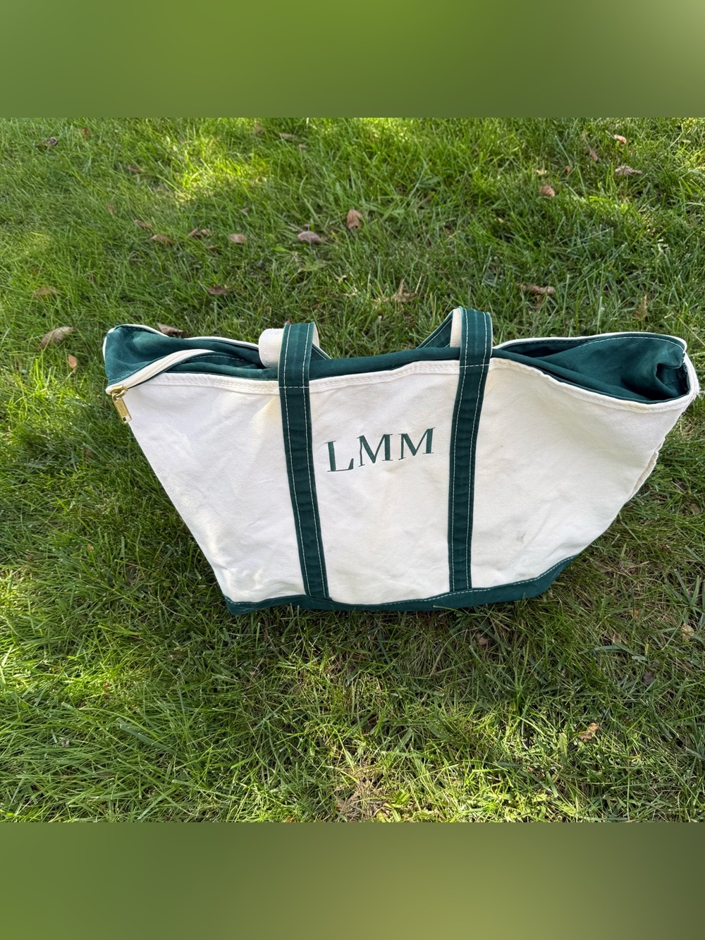 VTG L.L.Bean Boat and Tote Large Zip Top Tote Bag Green/White